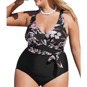NEW Cupshe Plus Swimsuit One Piece Self Tie Floral 1X